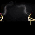 Two burnt-out matchstick figures sit facing away from each other on a black background, with smoke rising from their heads, symbolizing emotional exhaustion and estrangement.